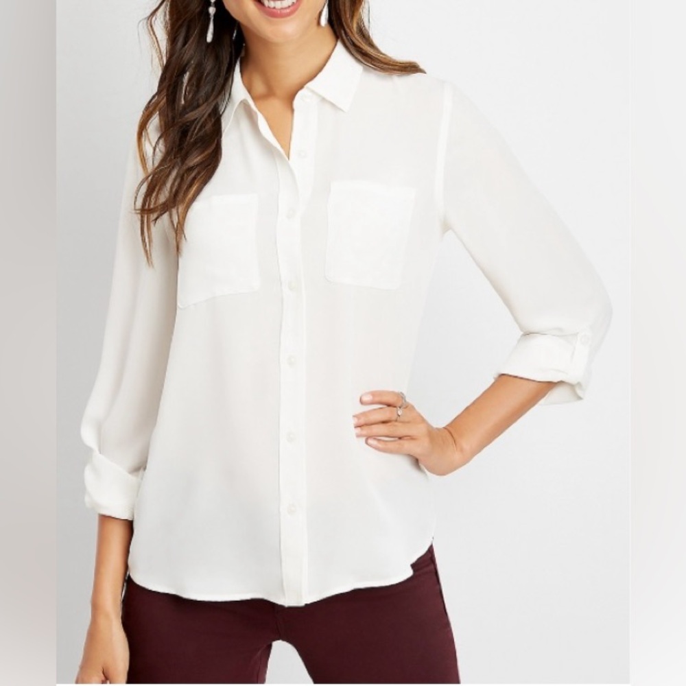 NWT Maurice’s White Long Sleeve Button Up Shirt with Roll Option on Slee…